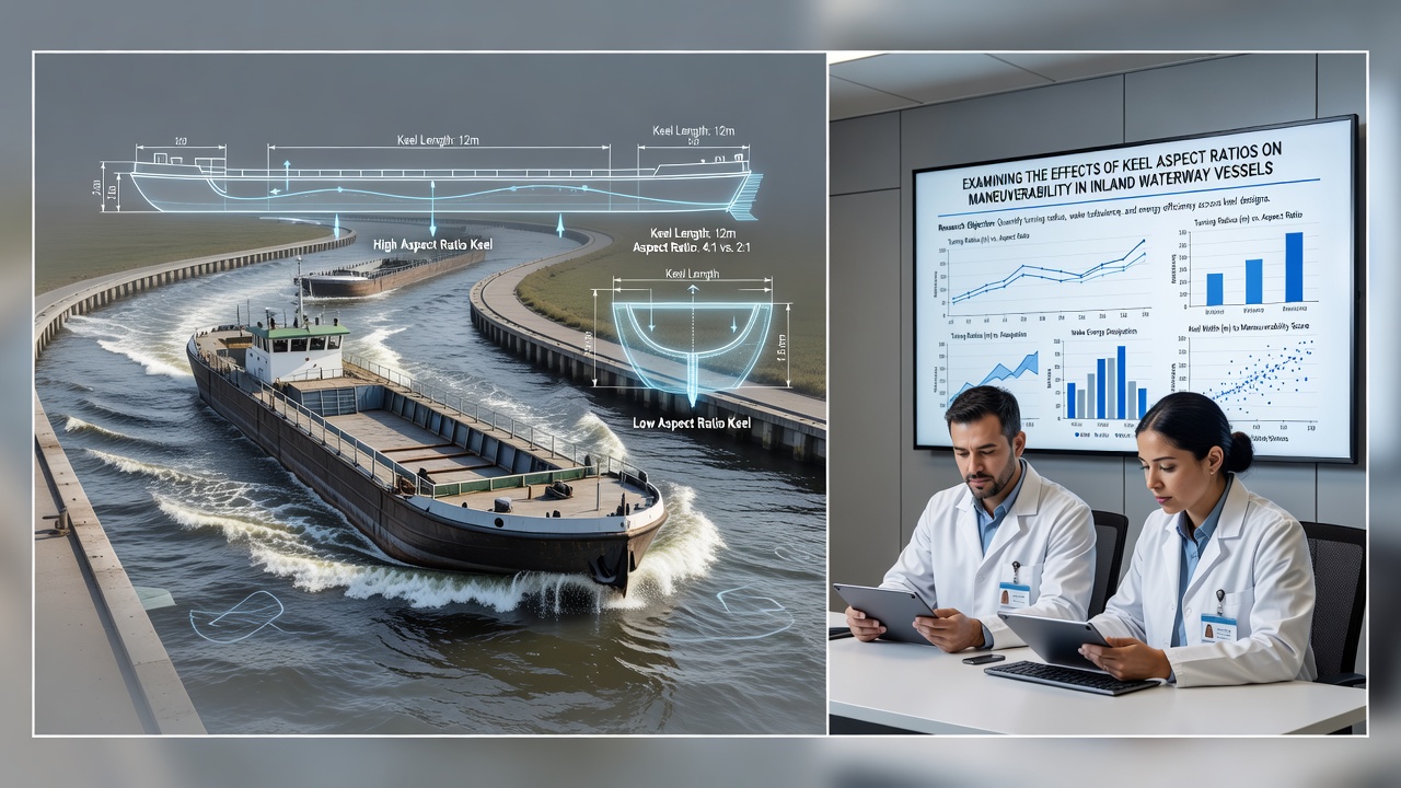 Field measurement setup recording rudder angles and turning radii for different keel configurations on an inland cargo vessel