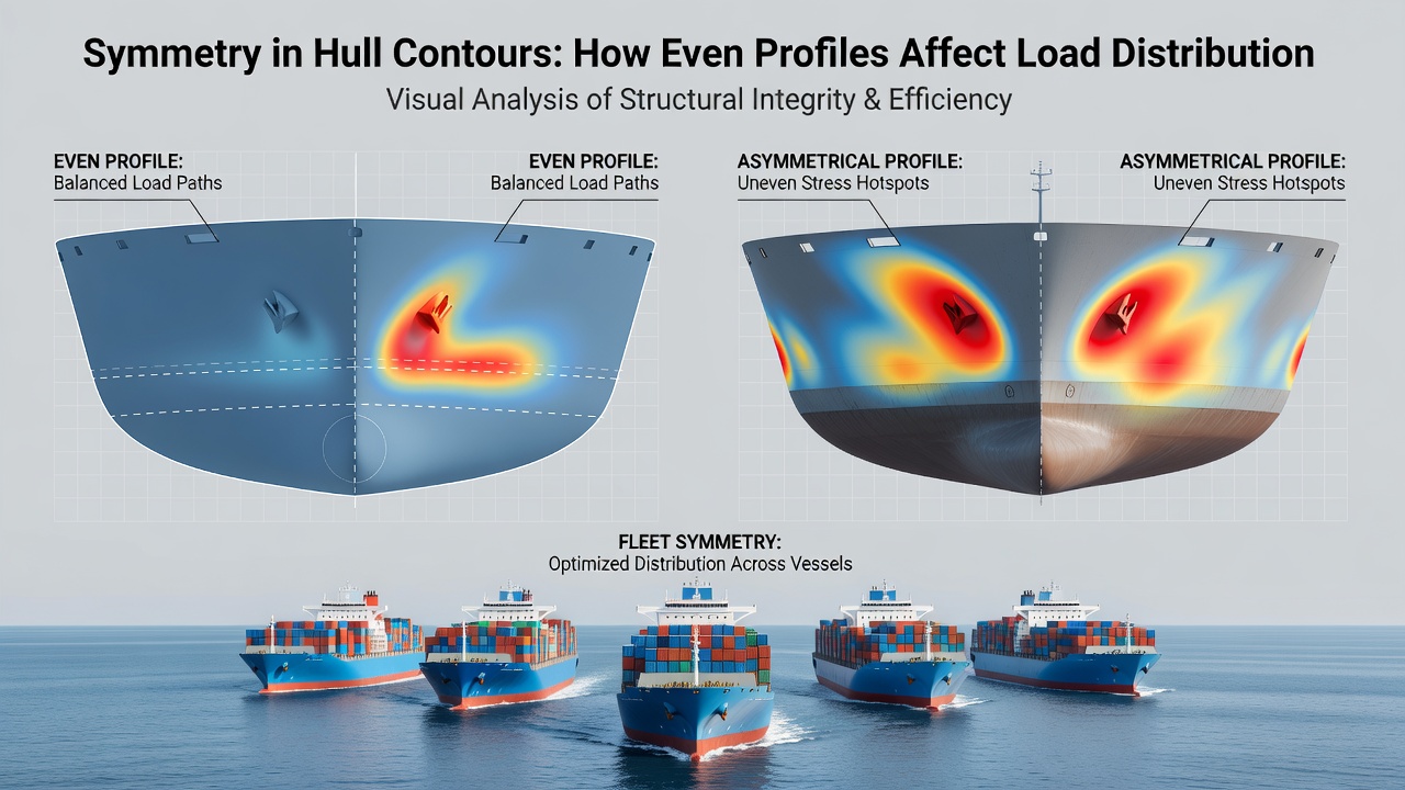 Comparison chart of load stress patterns on symmetric versus asymmetric merchant vessel hulls